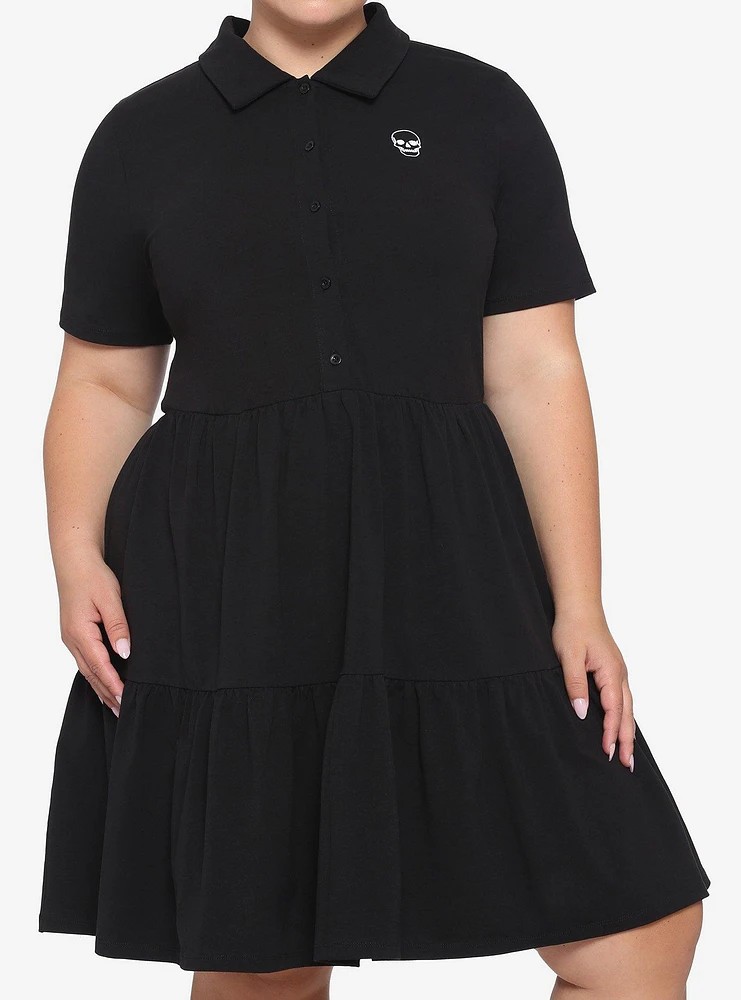 Black Embroidered Skull Polo Tiered Dress Plus