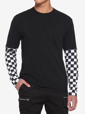 Black & White Checkered Sleeve Twofer Long-Sleeve T-Shirt