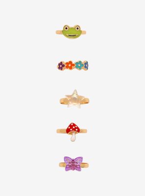 Frog Mushroom & Flower Ring Set