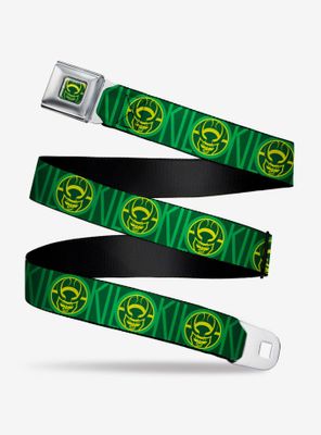 Marvel Loki Text With Face Icon Greens Yellow Youth Seatbelt Belt