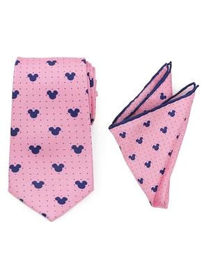 Disney Mickey Mouse Dot Pink Tie and Pocket Square Set