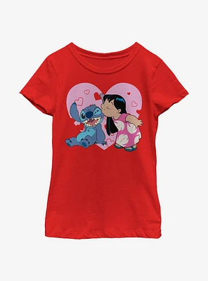 Disney Lilo And Stitch Valentines Kisses Youth Girls T-Shirt