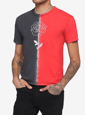 Grey & Red Split Wash Embroidered Rose T-Shirt