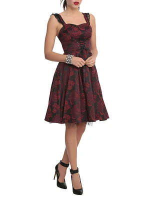 Red and Black Brocade Lace Up Dress