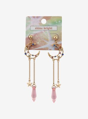 Jeweled Crescent Moon Crystal Drop Earrings