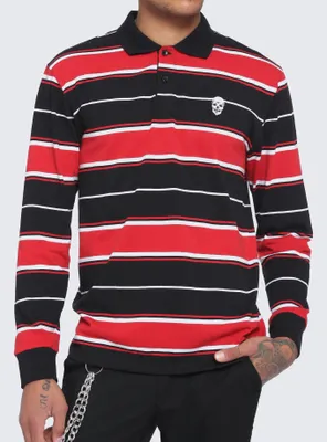 Red & Black Stripe Skull Long-Sleeve Polo Shirt