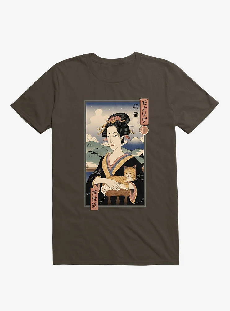 Geisha Cat Lisa Ukiyo-e Brown T-Shirt
