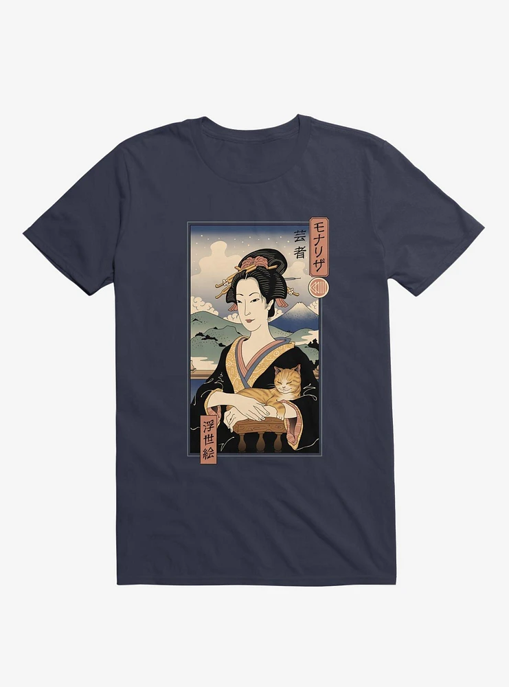 Geisha Cat Lisa Ukiyo-e Navy Blue T-Shirt