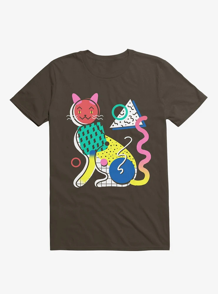 Memphis Cat Design Brown T-Shirt