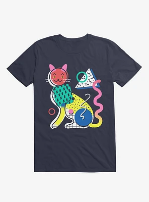 Memphis Cat Design Navy Blue T-Shirt