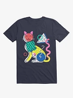 Memphis Cat Design Navy Blue T-Shirt