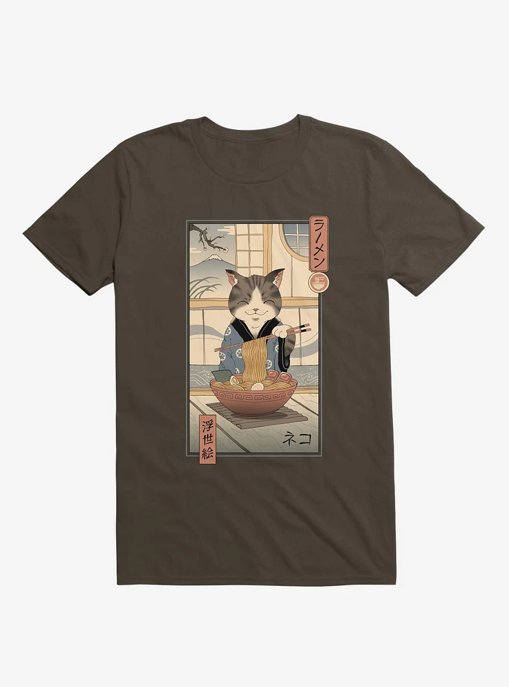 Cat Neko Ramen Ukiyo-E Brown T-Shirt