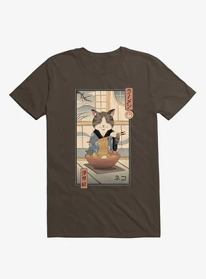 Cat Neko Ramen Ukiyo-E Brown T-Shirt
