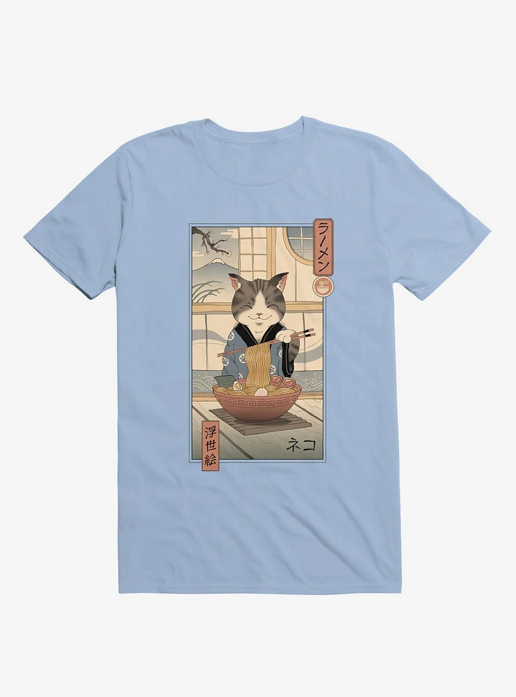 Cat Neko Ramen Ukiyo-E Light Blue T-Shirt