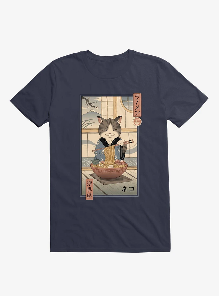 Cat Neko Ramen Ukiyo-E Navy Blue T-Shirt