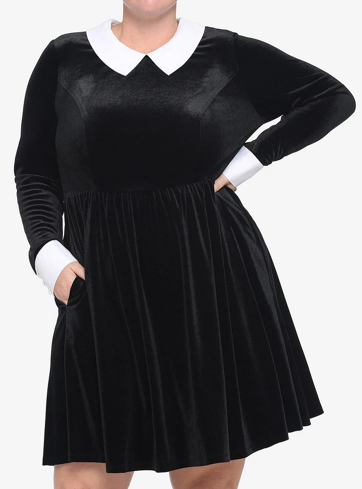 Black Velvet Cuffs & Collar Long-Sleeve Dress Plus