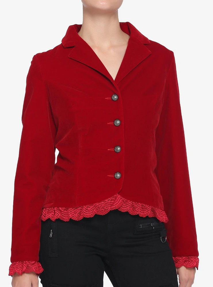Red Velvet Laced Button-Up Jacket