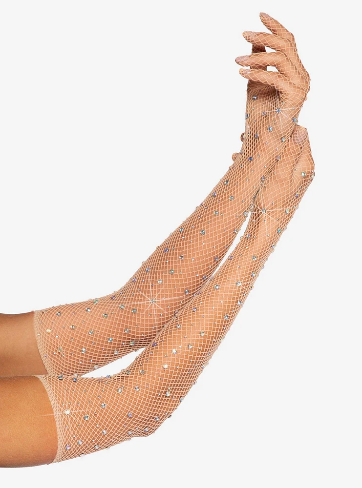 Rhinestone Fishnet Nude Gloves