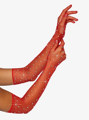 Rhinestone Fishnet Red Gloves