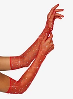 Rhinestone Fishnet Red Gloves