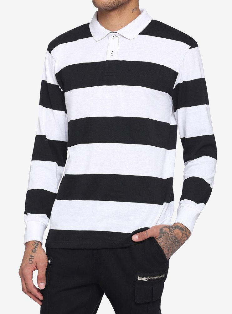 Black & White Wide Stripe Long-Sleeve Polo Shirt