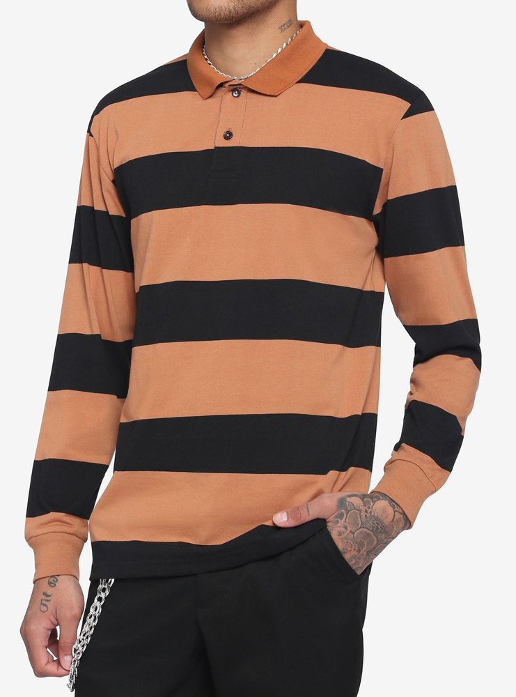 Black & Brown Wide Stripe Long-Sleeve Polo Shirt