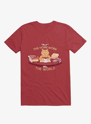 First The Homework, Then World Cat Red T-Shirt