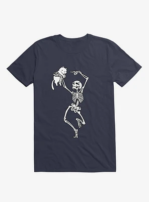 Dancing Skeleton With A Cat Navy Blue T-Shirt