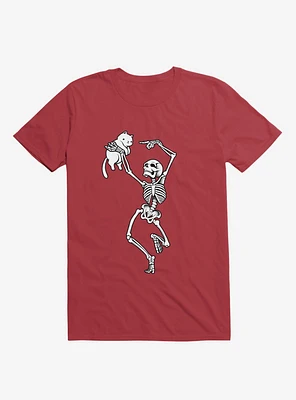 Dancing Skeleton With A Cat Red T-Shirt