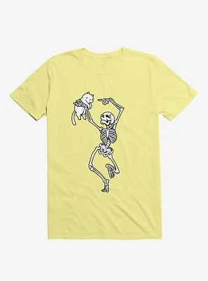 Dancing Skeleton With A Cat Corn Silk Yellow T-Shirt
