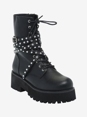 Studded & Wrapped Buckle Platform Combat Boots