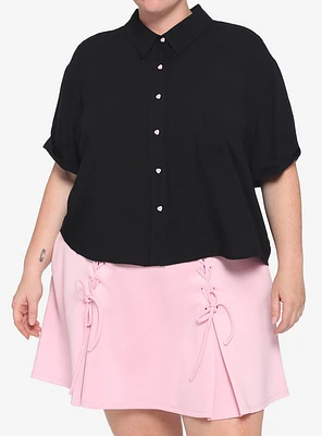 Black Boxy Heart Buttons Girls Crop Woven Button-Up Plus Size