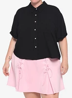 Black Boxy Heart Buttons Girls Crop Woven Button-Up Plus Size