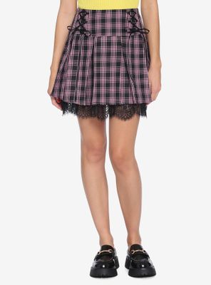 Pink & Black Plaid Lace Trim Pleated Skirt