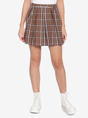 Brown Plaid Pleated Skirt