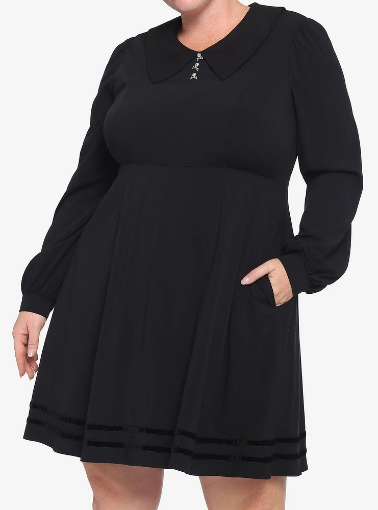 Black Statement Collar Skull Button Dress Plus