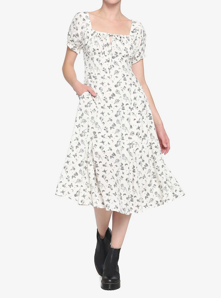 Ivory Floral Mushroom Empire Midi Dress