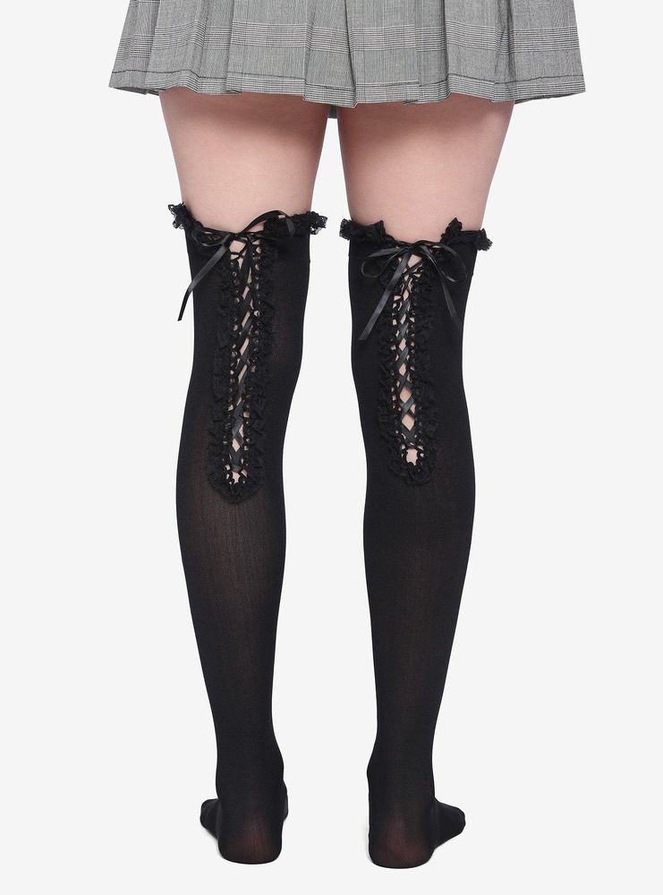 Black Ruffle Lace-Up Thigh Highs