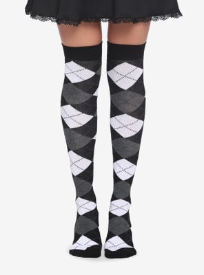 Black White & Grey Argyle Over-The-Knee Socks