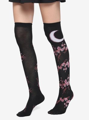 Moon Cherry Blossom Black Knee-High Socks