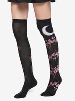 Moon Cherry Blossom Black Knee-High Socks