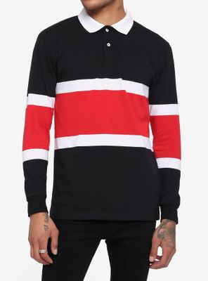 Red White & Black Stripe Long-Sleeve Polo Shirt