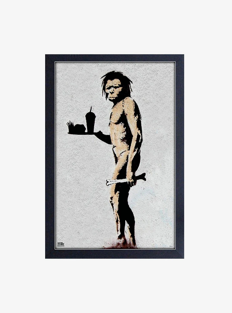 Banksy Caveman Waiter Framed Wood Wall Art