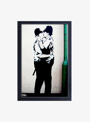 Banksy Kissing Coppers Framed Wood Wall Art