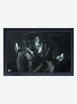 Banksy Mobile Phone Lovers Landscape Framed Wood Wall Art