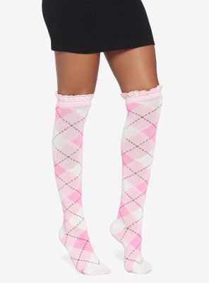 Pink & White Double Ruffle Argyle Socks