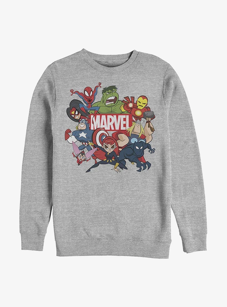 Marvel Avengers Retro Cartoon Group Crew Sweatshirt