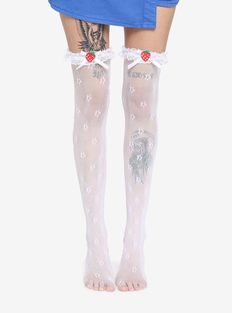 White Strawberry Lace Fishnet Thigh Highs