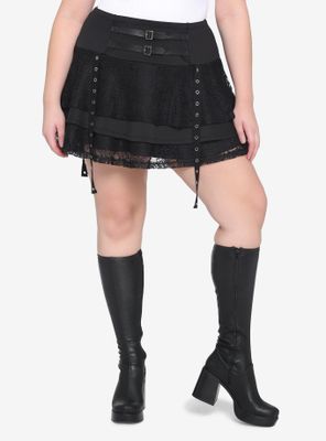 Black Lace Layered Buckle Mini Skirt Plus