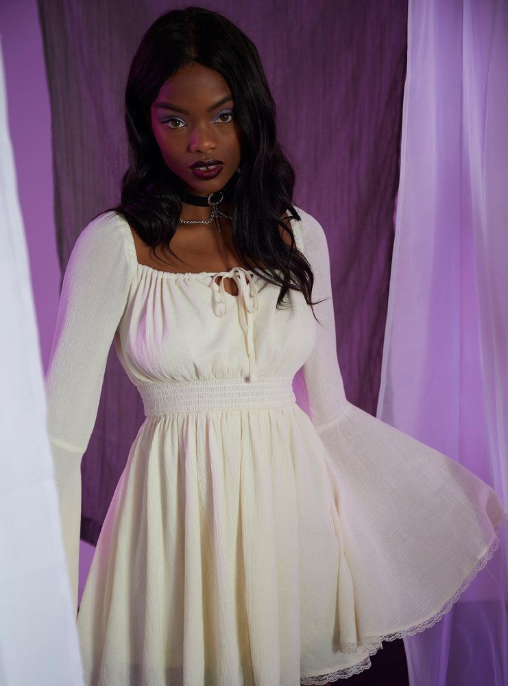 Hot Topic Cream Bell Sleeve Smocked 